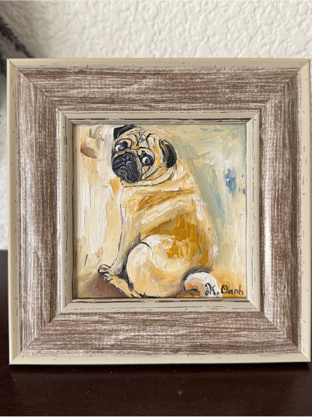 Original oil painting pug dog portrait signed framed 4x4 inches